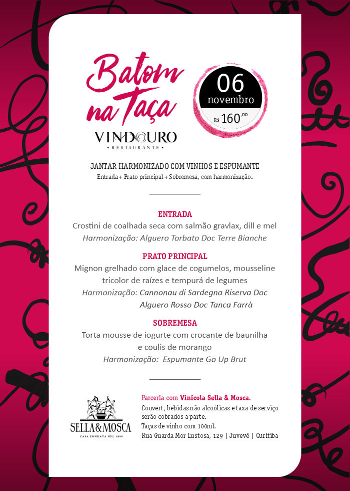 Jantar harmonizado Batom na Taça - Restaurante Vindouro