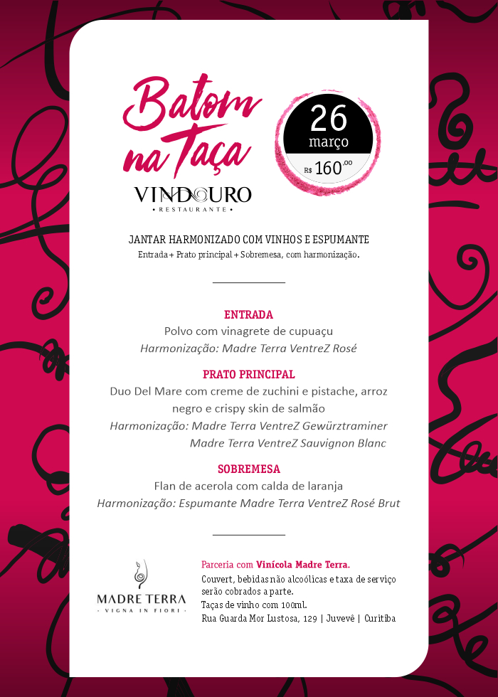 Jantar harmonizado Batom na Taça - Restaurante Vindouro